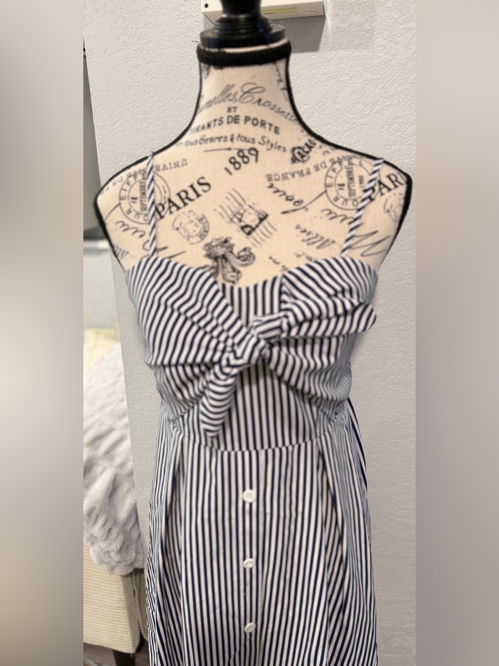 Maacie Maternity Dress-Medium Blue White Stripe Bow Front Midi - Picture 3 of 7